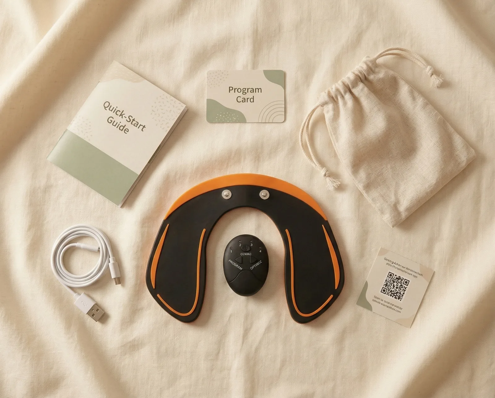 What's in the box: PelvicEMS Pro, quick-start guide, program card, USB cable, storage pouch