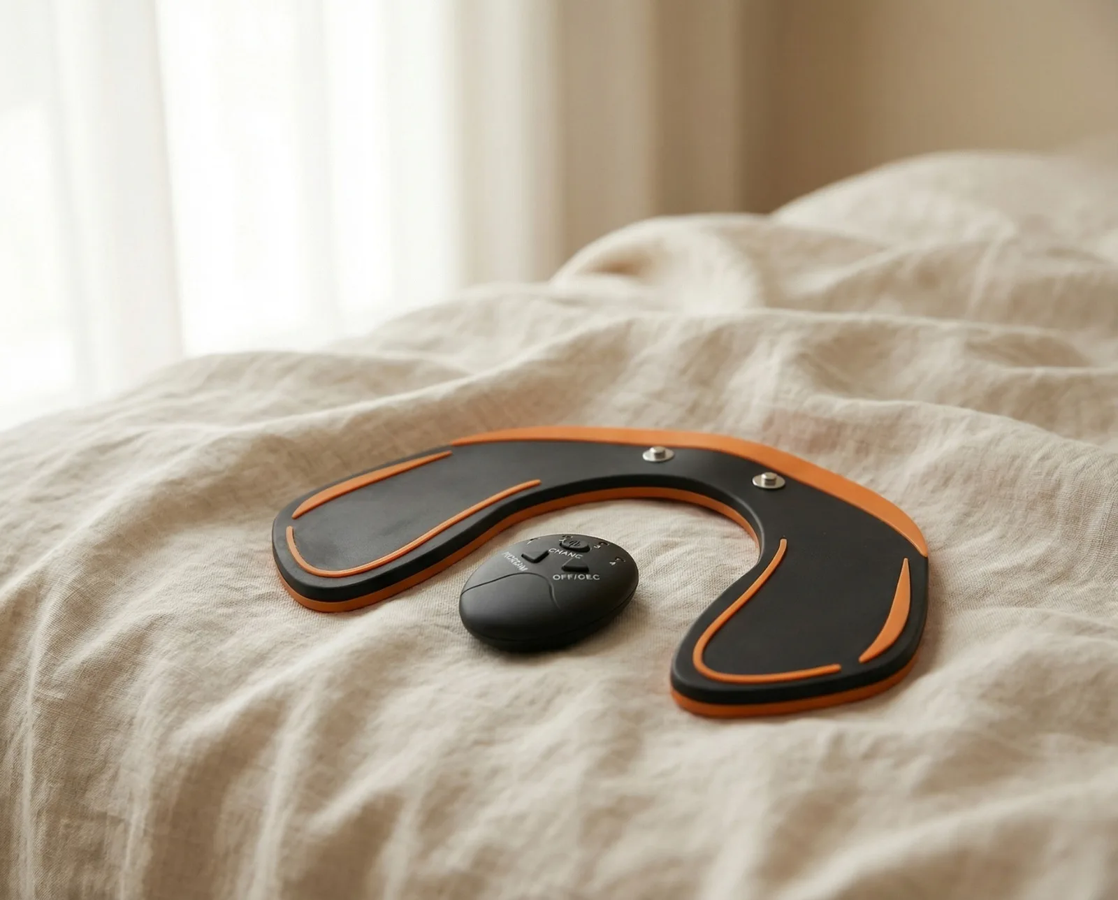 PelvicEMS Pro with wireless remote on beige linen