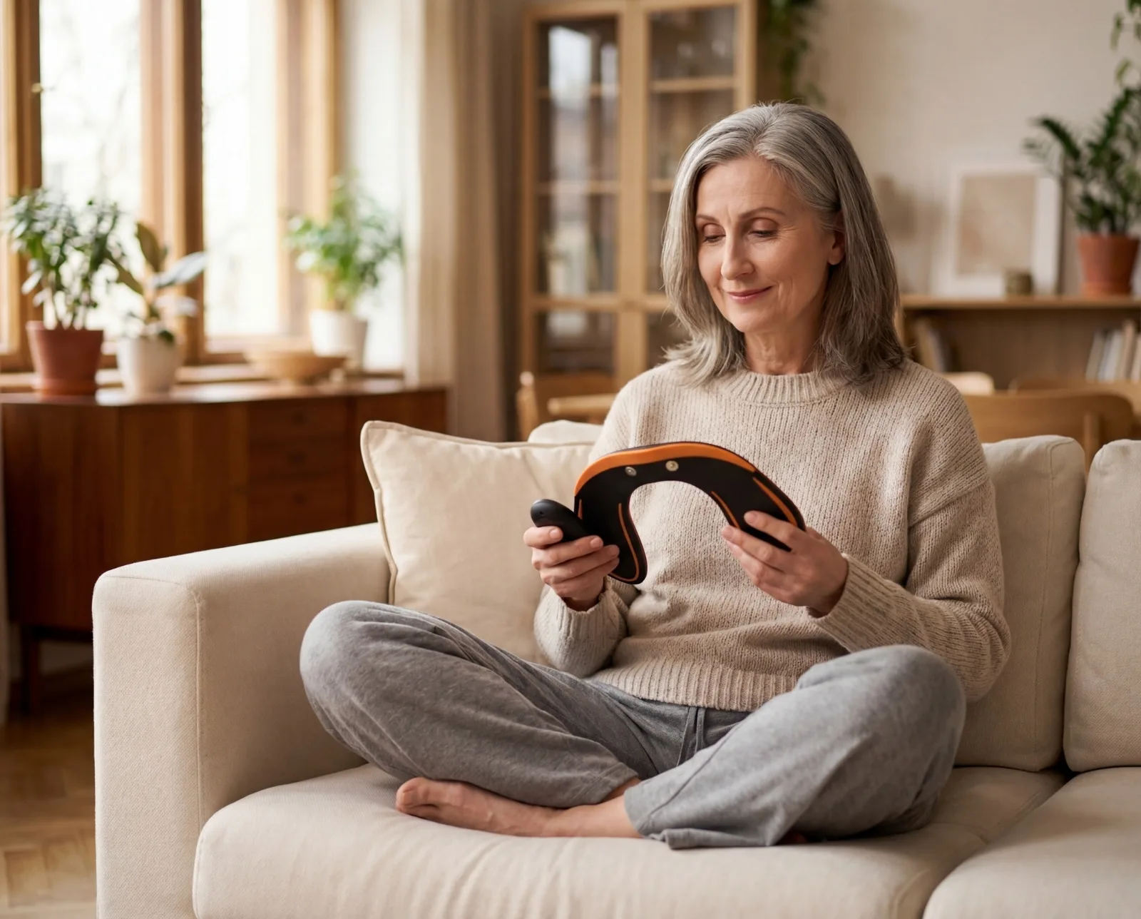 Smiling woman holding the PelvicEMS Pro at home
